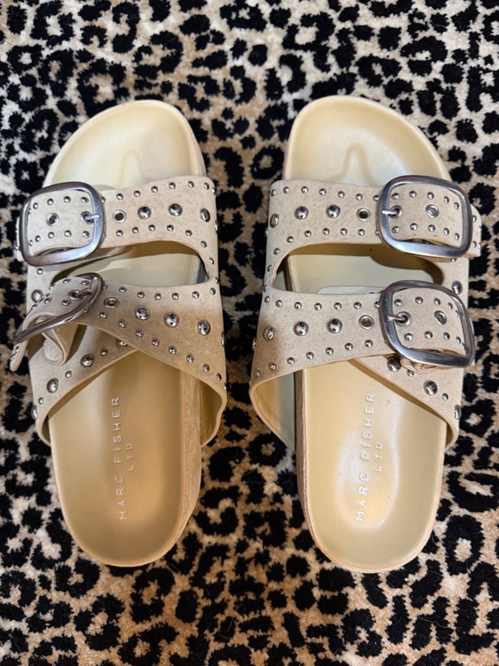 Marc Fisher Beige Studded Double-Buckle Slide Sandals
